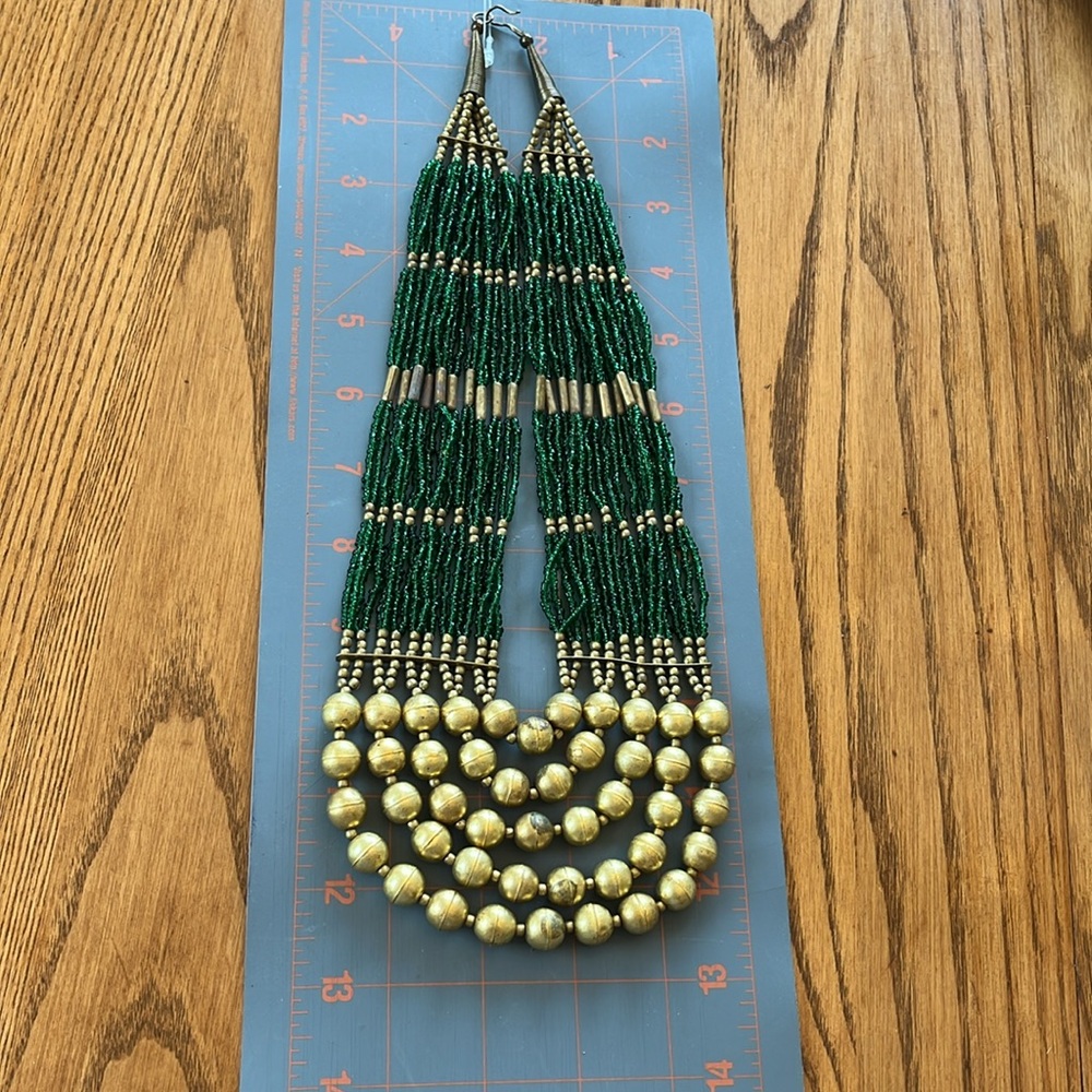 Green and Gold Beads Multilayered Statement Mixed Materials Artisan Necklace - Picture 14 of 17